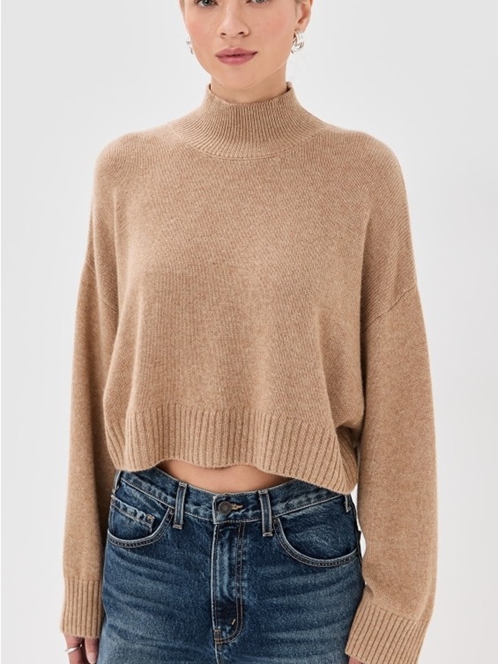 REFORMATION Yak Wool Linen Blend Mock Neck Cropped Sweater - Camel Oversized XS